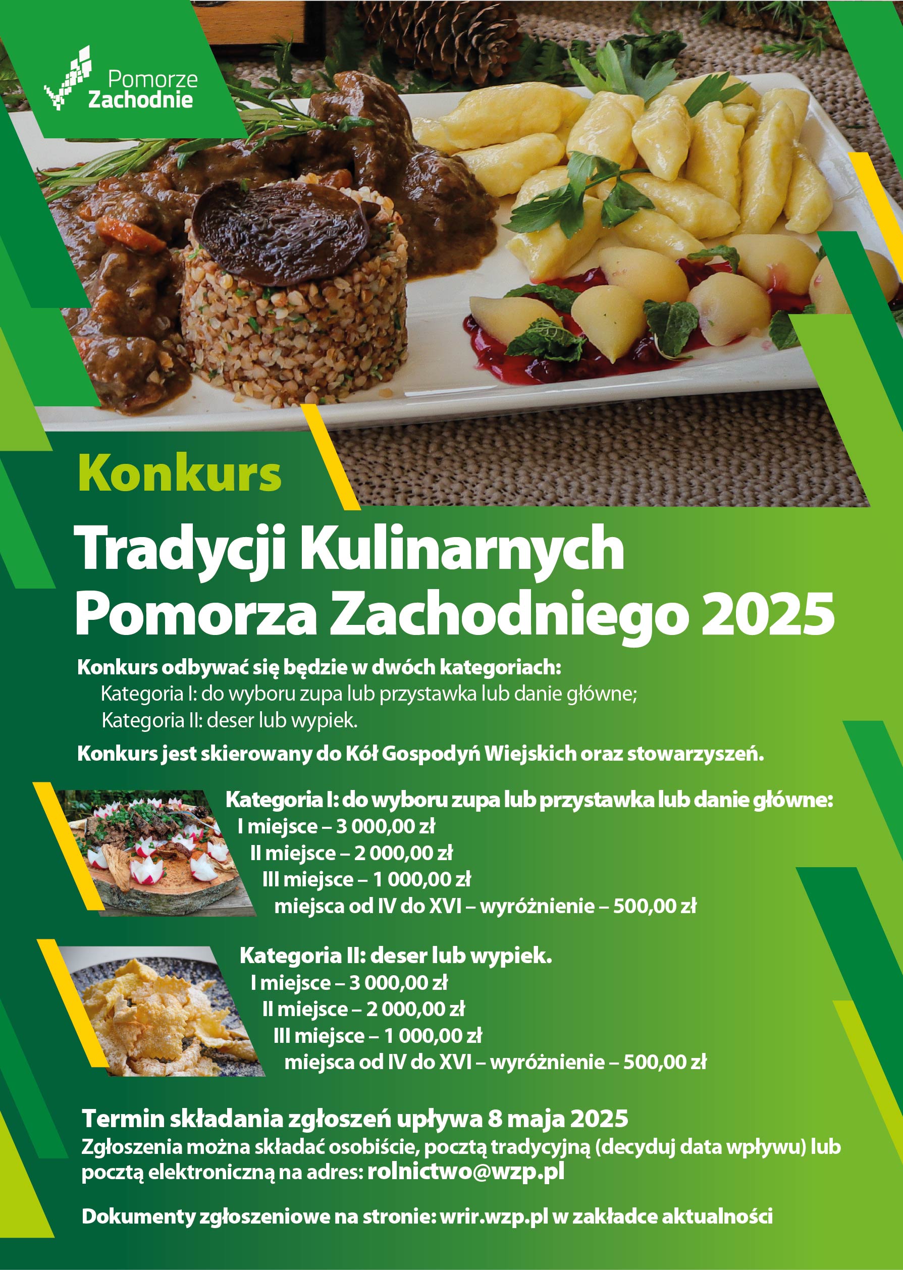 Plakat konkursu przedstawiający dania kulinarne oraz informacje o konkursie