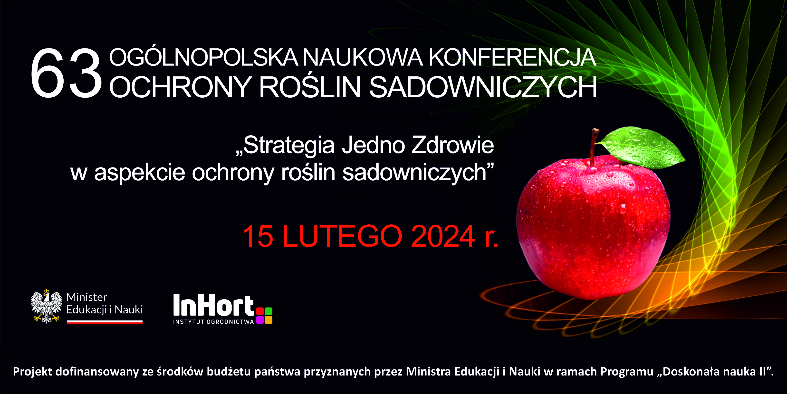 Plakat 63. Ogólnopolskiej Naukowej Konferencji Ochrony Roślin Sadowniczych na którym widnieje czerwone jabłko