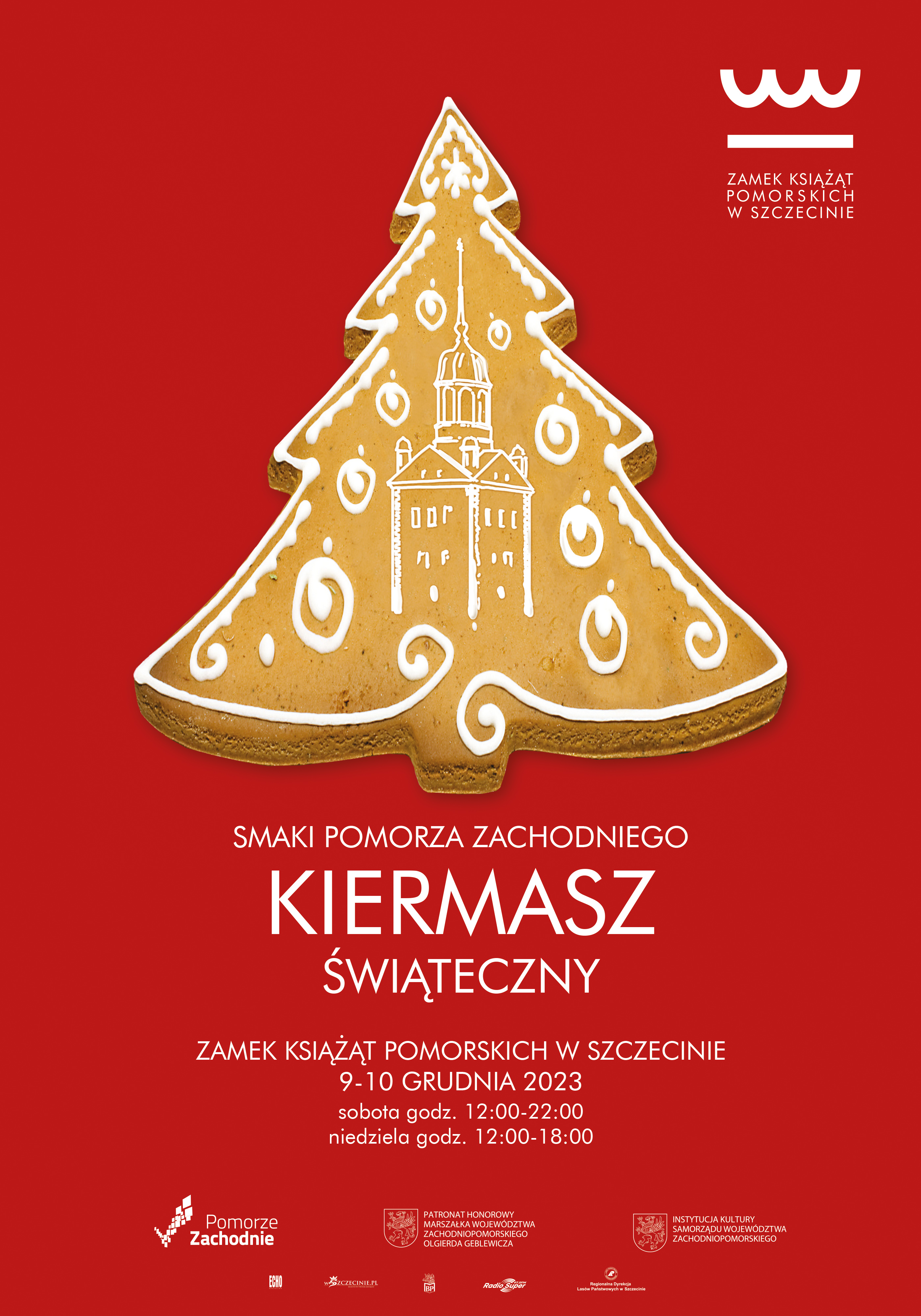 plakat przedstawiający piernik z zamkiem książąt pomorskich i zapraszający na kiermasz świąteczny