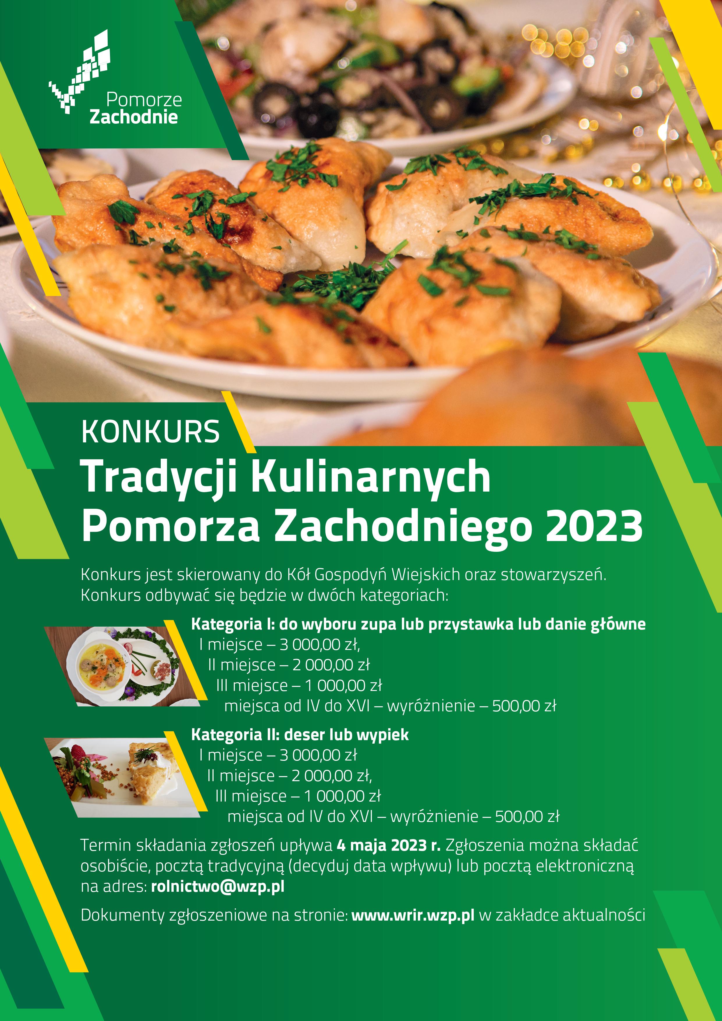 Plakat Konkurs Tradycji Kulinarnych Pomorza Zachodniego 2023 na którym widnieją informacje o konkursie i pierogi