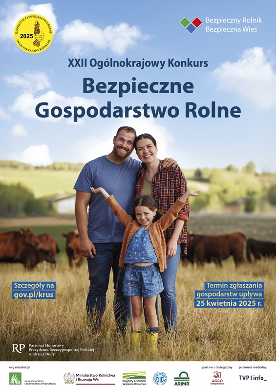 Plakat konkursu Bezpieczne Gospodarstwo Rolne przedstawiający szczęśliwą rodzinę na polu z krowami