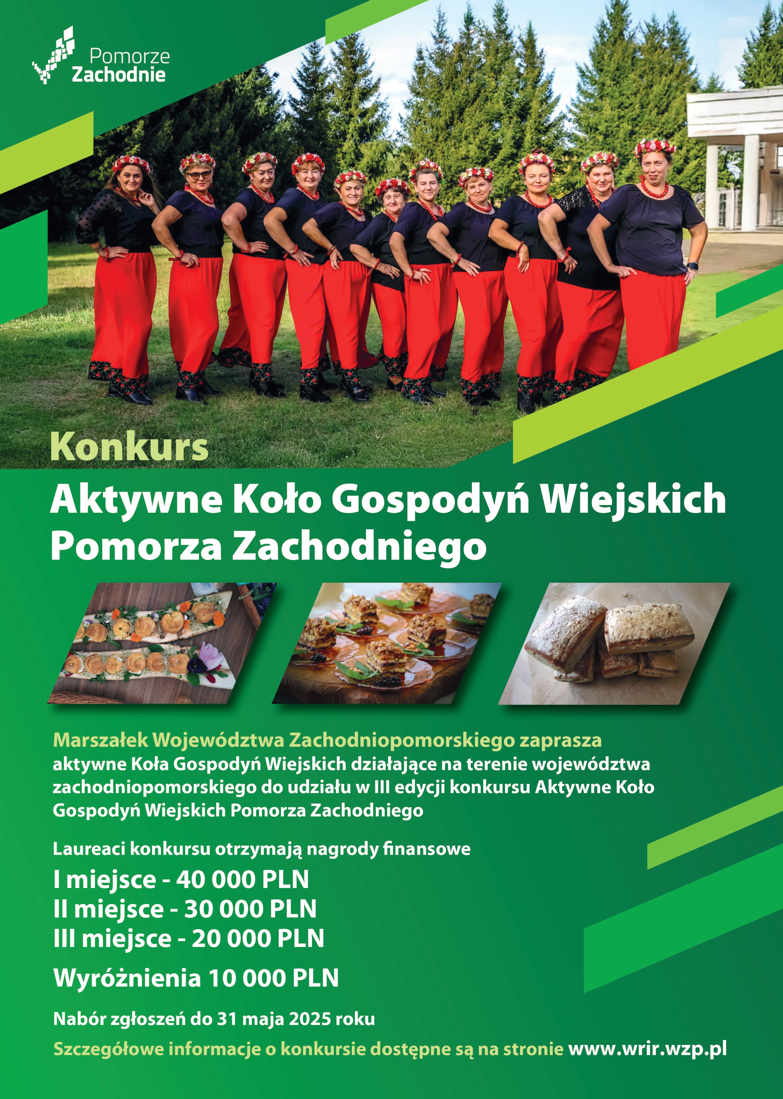 Plakat konkursu „Aktywne Koło Gospodyń Wiejskich Pomorza Zachodniego” przedstawiający panie z koła gospodyń wiejskich oraz przyrządzone potrawy