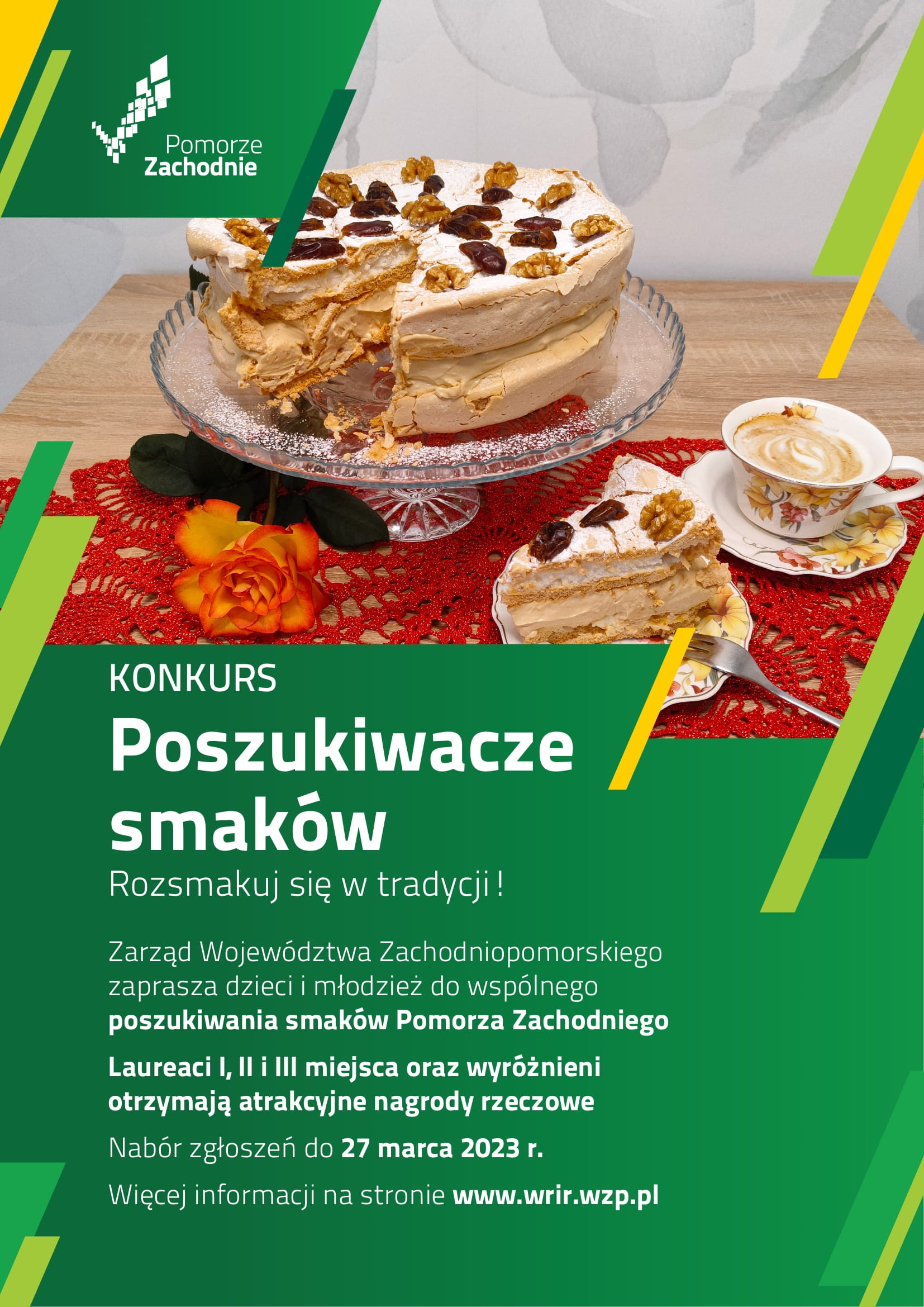 Plakat konkursu „Poszukiwacze Smaków” Plakat promujący konkurs „Poszukiwacze Smaków” na którym widać ciasto i filiżankę z kawą.