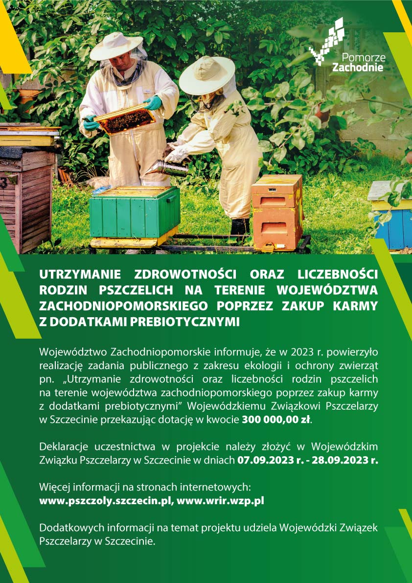 Na plakacie widać dwie osoby pracujące przy ulach. Jedna osoba trzyma w rękach plaster moiodu, a druga urządzenie do dymienia pszczół