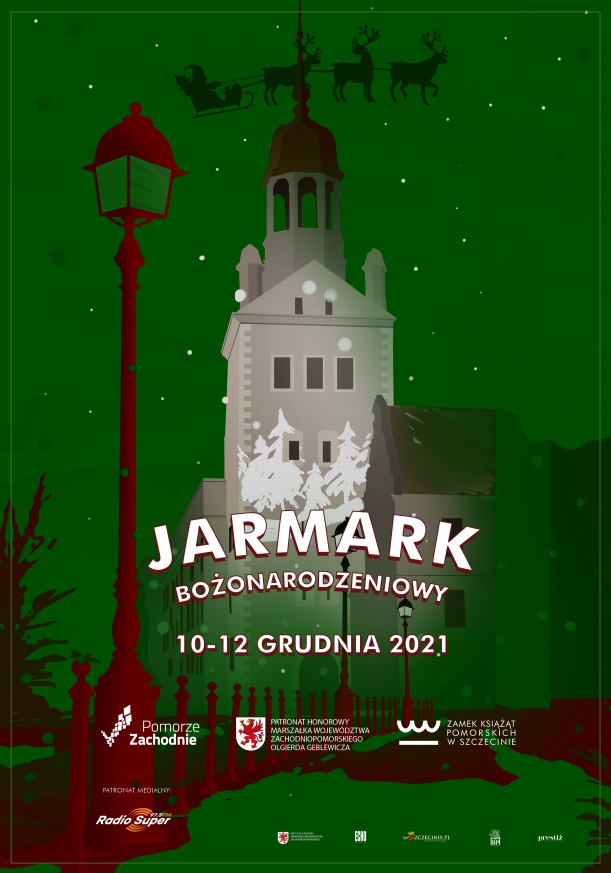 plakat jarmarku bożonarodzeniowego przedstawiający Zamek Książąt Pomorskich w Szczecinie w świątecznych barwach