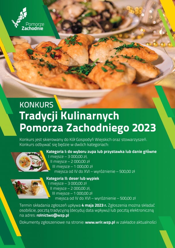 Plakat Konkurs Tradycji Kulinarnych Pomorza Zachodniego 2023 na którym widnieją informacje o konkursie i pierogi