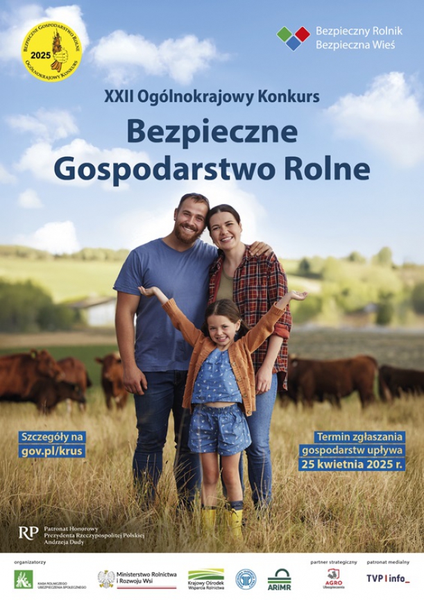 Plakat konkursu Bezpieczne Gospodarstwo Rolne przedstawiający szczęśliwą rodzinę na polu z krowami