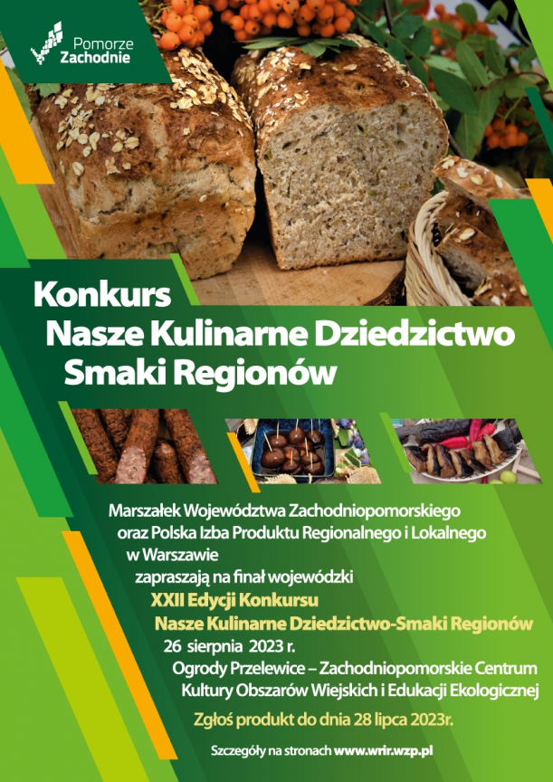 Zdjęcie przedstawia plakat konursu nasze kulinarne dziedzictwo smaki regionów, na którym widć przekrojony chleb, wyroby miesne oraz nadziewane śliwki.