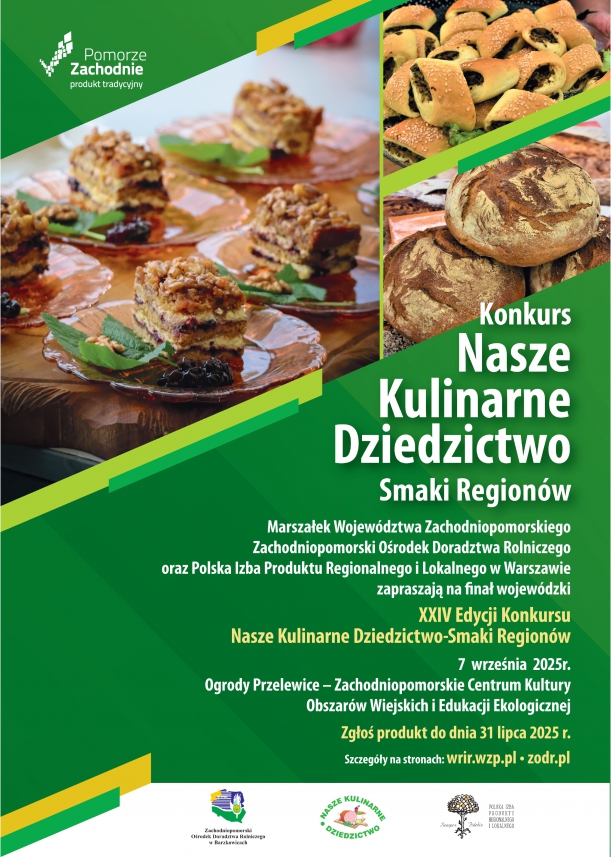 Plakat konkursu „Nasze Kulinarne Dziedzictwo – Smaki Regionów” na którym widnieją ciasta chleby i paszteciki