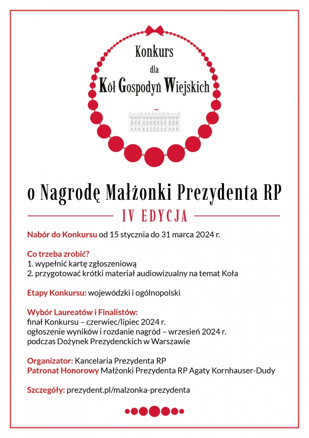 plakat informujący o IV edycji Konkursu dla Kół Gospodyń Wiejskich o Nagrodę Małżonki Prezydenta RP przedstawiający czerwone korale oraz w tle pałac prezydencki