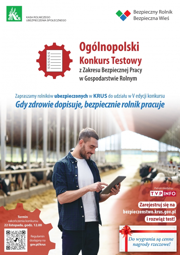 plakat przedstawiający rolnika w oborze z tabletem