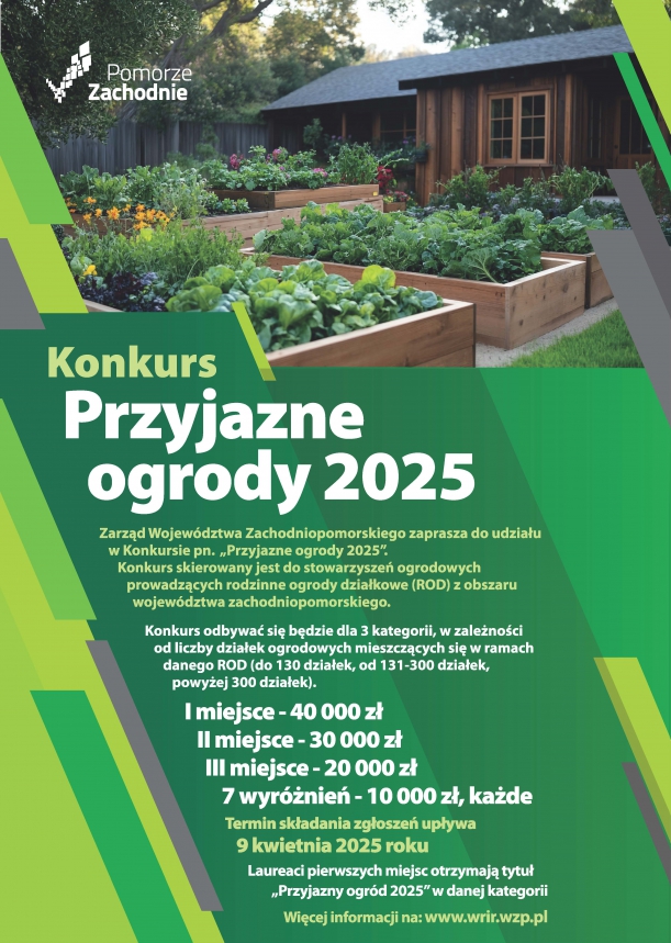 Plakat konkursu „Przyjazne ogrody 2025”. Plakat konkursu „Przyjazne ogrody 2025” na którym jest ogród warzywny