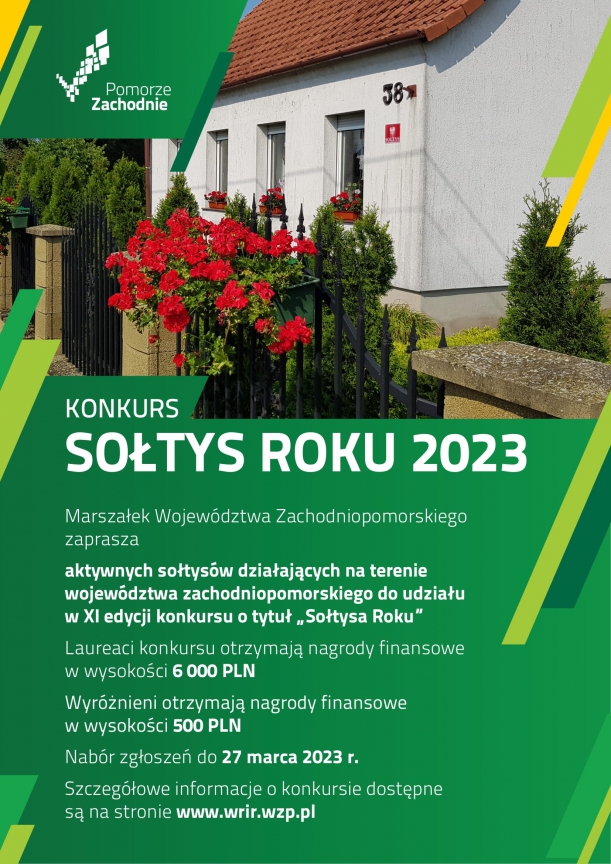 Plakat konkursu „Sołtys Roku” 2023 przedstawiający budynek z napisem sołtys