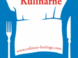 Logo Sieci Dziedzictwa Kulinarnego: czapka kucharska, nóż i widelec