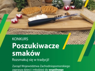 Plakat konkursu „Poszukiwacze Smaków” na którym widnieje deska z chlebem i paprykarzem