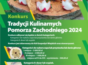 Plakat Konkursu Tradycji Kulinarnych 2024 przedstawiający informacje o konkursie oraz dania kulinarne