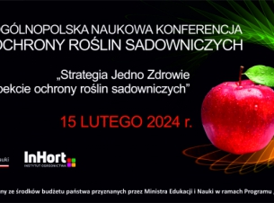 Plakat 63. Ogólnopolskiej Naukowej Konferencji Ochrony Roślin Sadowniczych na którym widnieje czerwone jabłko