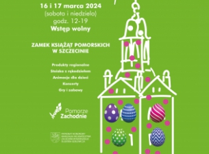 Plakat Kiermaszu Wielkanocnego przedstawiający zamek w szczecinie w zielonych barwach
