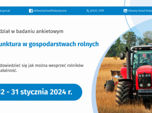 Plakat zachęcający do udziału w badaniu ankiwtowym na którym widnieje traktor na polu