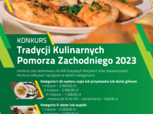 Plakat Konkurs Tradycji Kulinarnych Pomorza Zachodniego 2023 na którym widnieją informacje o konkursie i pierogi