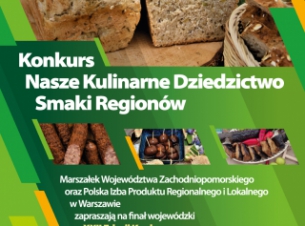 Zdjęcie przedstawia plakat konursu nasze kulinarne dziedzictwo smaki regionów, na którym widć przekrojony chleb, wyroby miesne oraz nadziewane śliwki.