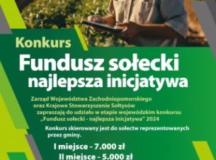 plakat konkursu „Fundusz sołecki – najlepsza inicjatywa” przedstawiający rolnika na polu z tabletem