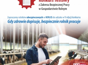 plakat przedstawiający rolnika w oborze z tabletem