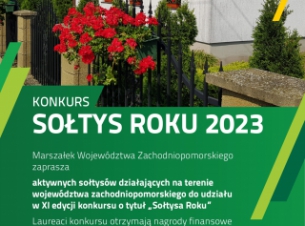 Plakat konkursu „Sołtys Roku” 2023 przedstawiający budynek z napisem sołtys